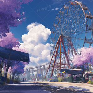【背景】桜並木の下の観覧車通り