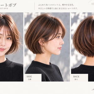 【商用利用OK】美容師・ヘアサロン向け ヘアカタログ素材｜丸みショートボブ｜3方向＋商品説明