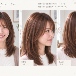 【TREND｜トレンド】美容師・ヘアサロン向け ヘアカタログ素材｜ミディアムレイヤー｜3方向＋商品説明｜商用利用OK