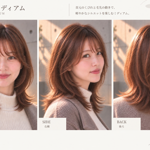 【商用利用OK】美容師・ヘアサロン向け ヘアカタログ素材｜くびれミディアム｜3方向＋商品説明