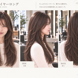 【商用利用OK】美容師・ヘアサロン向け ヘアカタログ素材｜韓国風レイヤーロング｜3方向＋商品説明