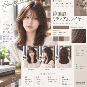 【TREND COLLECTION｜韓国風ミディアムレイヤー】美容師・ヘアサロン向け ヘアカタログ素材｜FRONT・SIDE・BACK＋商品説明｜商用利用OK