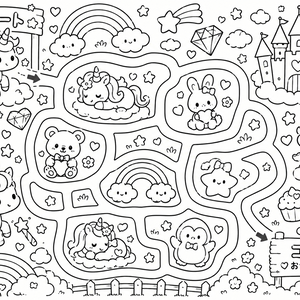 【全10枚】ぬりめいろ｜3〜5歳向け かわいい迷路×塗り絵｜おうち遊び・知育プリント PDF