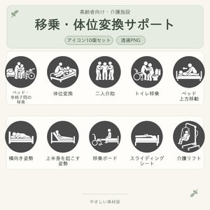 高齢者向け 移乗・体位変換サポートアイコン10個セット｜単色丸型PNG素材