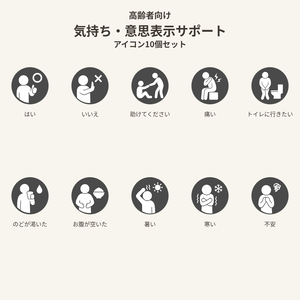 高齢者向け 気持ち・意思表示サポートアイコン10個セット｜単色丸型PNG素材