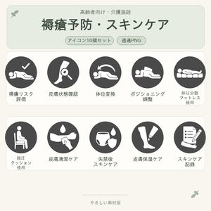 高齢者向け 介護施設・褥瘡予防／スキンケア業務アイコン10個セット｜単色丸型PNG素材