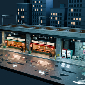 【箱庭コレクション #022 / Blender・GLB】高架下の夜｜Underpass Night