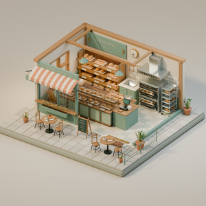 【箱庭コレクション #030 / Blender・GLB】町のパン屋・朝のベーカリー｜Morning Bakery