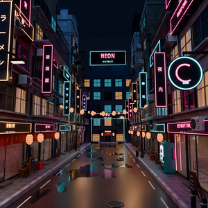 【箱庭コレクション #033 / Blender・GLB】夜の繁華街・宵町｜Neon District