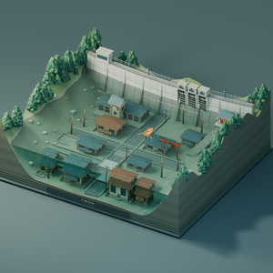 【箱庭コレクション #039 / Blender・GLB】ダム湖に沈む町｜The Town Beneath