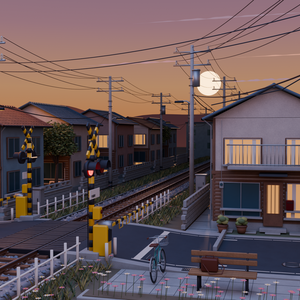 【箱庭コレクション #040 / Blender・GLB】夕暮れの踏切｜Sunset Crossing