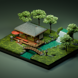 【箱庭コレクション #046 / Blender・FBX・GLB】渓流の茶屋｜Riverside Teahouse