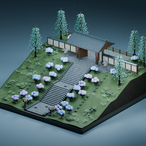【箱庭コレクション #052 / Blender・FBX・GLB】梅雨の紫陽花寺｜Hydrangea Temple