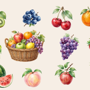 🍋 Watercolor Fruit Clipart Set – 12 PNG