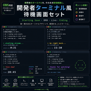 【OBS対応】開発者ターミナル風待機画面セット｜Starting Soon・BRB・Live・Ending