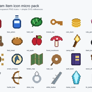 ドット絵 アイテムアイコン セット 24点｜32x32 透過PNG + 128x128 + SVG｜ゲーム アイコン素材（ゲームジャム・試作用）
