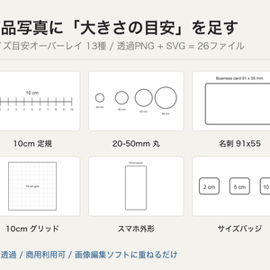 商品写真 サイズ目安オーバーレイ 13種｜透過PNG＋SVG 26ファイル｜10cm定規・グリッド・名刺/はがき/A4/スマホ外形