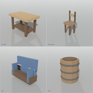 ローポリ 小物・家具 8点｜ベンチ・本棚・ソファ・木樽・木箱（glTF / FBX / .blend・商用可）