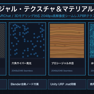 【Blender/Unity対応】プロシージャル・テクスチャ＆マテリアル 8種パック｜カーボン・金属ヘアライン・六角サイバー・石畳・木目・宇宙星雲・水面ノイズ・回路パターン