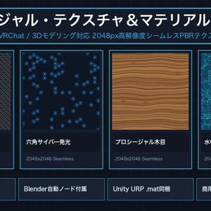 【Blender/Unity対応】プロシージャル・テクスチャ＆マテリアル 8種パック｜カーボン・金属ヘアライン・六角サイバー・石畳・木目・宇宙星雲・水面ノイズ・回路パターン