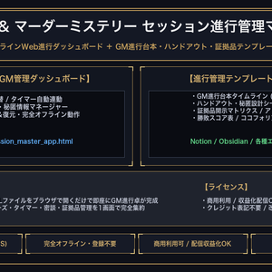 【TRPG/マダミス進行管理】GMセッション管理ダッシュボード＆ハンドアウト・証拠品テンプレート 7点セット｜オフラインHTML＋Markdown｜商用利用可