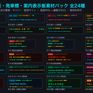 【電光掲示板 素材】LED電光掲示板・駅発車標・案内表示板素材パック 24点｜透過PNG＆編集可能SVG｜TRPG・配信・ゲーム制作向け・商用利用可