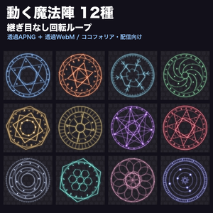 【ココフォリア対応】動く魔法陣 APNG 12種｜透過 ループ素材(継ぎ目なし回転)｜秘術・炎・氷・風・聖・闇・召喚・転移・結界｜透過APNG＋透過WebM・TRPG・配信・商用可