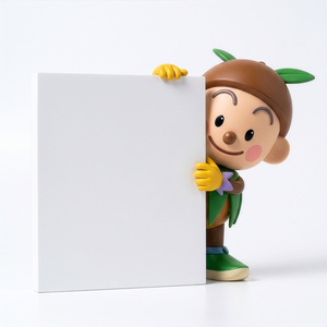 【背景透過PNG】3D風どんぐりキャラクター素材：パネルを支えてご案内ポーズ（商用利用可）グリーンボーイ