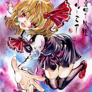 【4/11新作】東方Project　ルーミア　墨彩画 原画 （色紙サイズ） 額縁付き