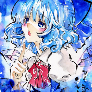 【5/13新作】東方Project　チルノ　墨彩画 原画 （色紙サイズ） 額縁付き