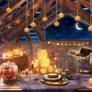 【動く配信背景 無料版あり】ハロウィーン ロフト ログ キャビン