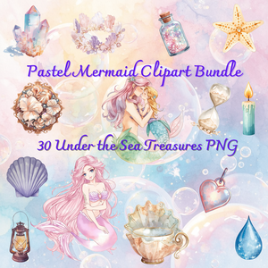 Pastel Mermaid Clipart Bundle – パステルマーメイドの宝物30点セット