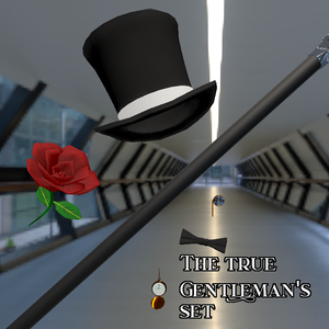 Gentleman's Set: Cane, Monocle, Rose, Top Hat, Pocket Watch, Bowtie