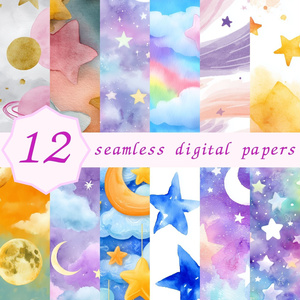 レインボー×パステル 雲と星と月のシームレスパターン12種｜Pastel Celestial Vol.1 Cotton Candy Sky