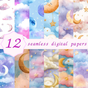 淡いパステルカラーの月相と星柄12種｜Pastel Celestial Vol.2 Dreamy Moonlight