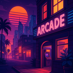 ネオンアーケード街の夕暮れ – Neon Arcade Street Sunset