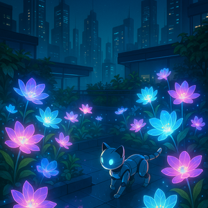 ネオンフラワーとロボット猫の夜 – Neon Flowers & Robo Cat Night