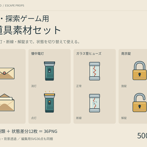 【無料版あり】脱出・探索ゲーム用 小道具素材24種｜状態差分付き36PNG＋SVG