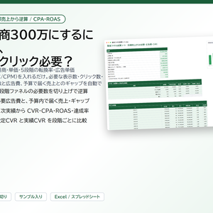 集客ファネル試算シート｜目標月商から必要な表示数・クリック数・商談数と広告費を逆算、月次のCVR・CPA・ROASも自動計算【Excel/スプレッドシート】