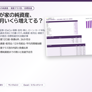 資産管理・純資産推移シート｜銀行・証券・iDeCo・保険・自宅とローンを月1行、純資産・前月比・資産クラス別・目標到達月を自動計算【Excel/スプレッドシート】