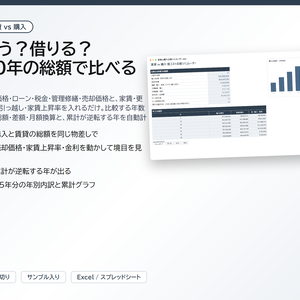 賃貸 vs 購入 総コスト比較シミュレーター｜物件価格・ローン・税金・管理修繕・売却価格と、家賃・更新料・引っ越し・家賃上昇率を入れるだけで、30年の総額・差額・月額換算と累計が逆転する年を自動計算【Excel/スプレッドシート】
