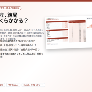 出産費用・もらえるお金シミュレーター｜妊婦健診・分娩入院・個室・ベビー用品の費用と、出産育児一時金・自治体の給付・出産手当金を並べて手元に残る額を計算、児童手当の18歳までの総額つき【Excel/スプレッドシート】