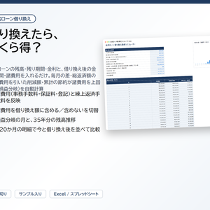 住宅ローン 借り換え損得シミュレーター｜今の残高・残り期間・金利と、借り換え後の金利・期間・諸費用を入れるだけで、毎月の差・総返済額の差・諸費用を引いた削減額・累計の節約が諸費用を上回る月を自動計算【Excel/スプレッドシート】