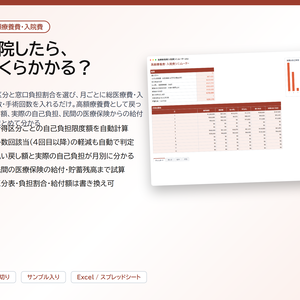 高額療養費・入院費シミュレーター｜所得区分と窓口負担割合を選ぶだけで、自己負担限度額・払い戻し額・実際の自己負担を月別に自動計算、多数回該当・民間の医療保険給付・貯蓄残高まで【Excel/スプレッドシート】