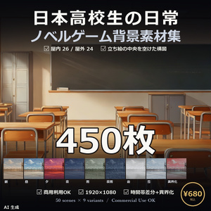 【ノベルゲーム背景】現代日本高校生の日常 背景素材集 アニメ版 50シーン×9差分 450枚【VN・商用利用可・AI生成】