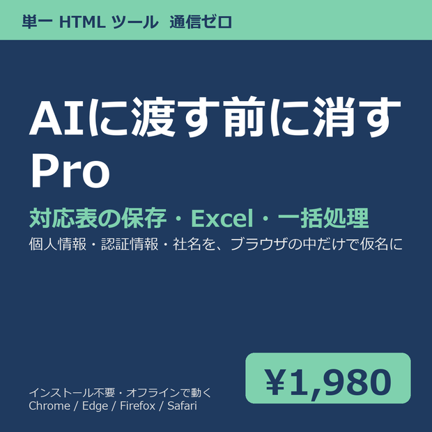送る前に消す Pro ― AI に渡す前に個人情報・認証情報・社名を仮名にする（単一 HTML・通信ゼロ）v1.0