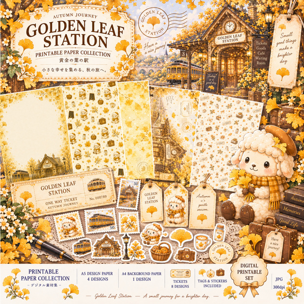 Golden Leaf Station | 秋のデザインペーパー・チケット素材セット