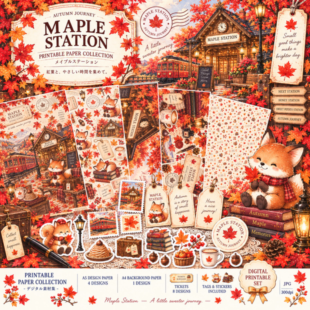 Maple Station | 秋のデザインペーパー・チケット素材セット
