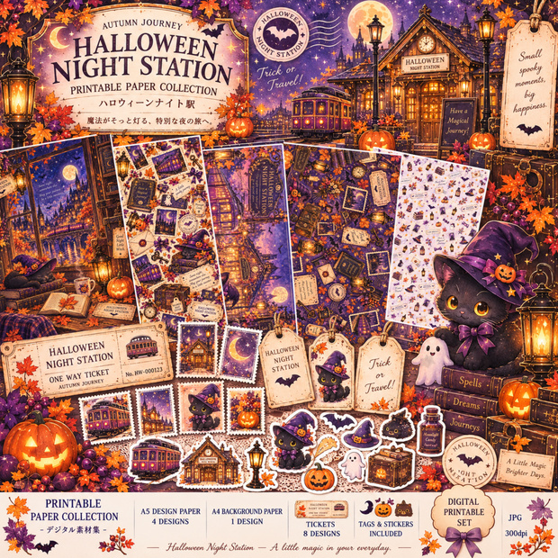 Halloween Night Station | 秋のデザインペーパー・チケット素材セット
