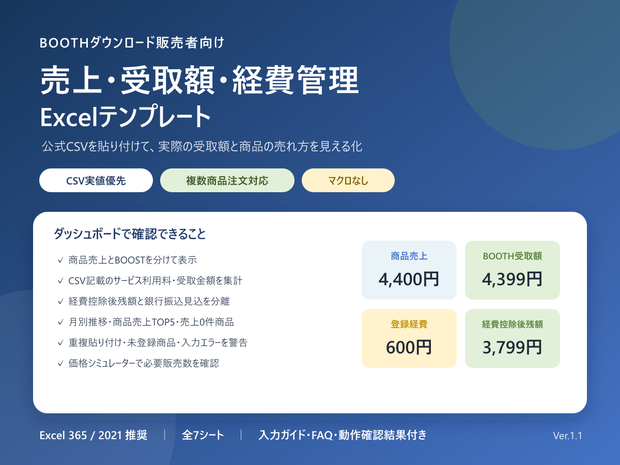 BOOTH売上・受取額・経費管理Excel｜公式CSV貼り付け・月別／商品別分析